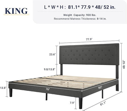 Allewie King Size Platform Bed Frame/Fabric Upholstered Bed Frame with Diamond Button Tufted Headboard/Adjustable Headboard/Wood Slat Support/Mattress Foundation/Dark Grey (King) - LeafyLoom