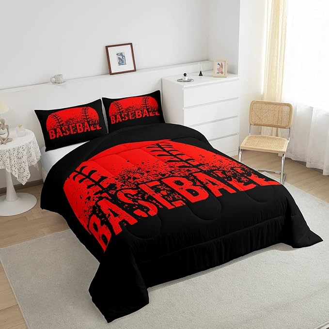 Baseball Comforter Set King Size Kids Red Black Sports Quilt Bedding Set For Boys Girls,Reversible Black Bedding Comforter Sets Soft Lightweight For All Season,1 Comforter And 2 Pillow Cases - LeafyLoom