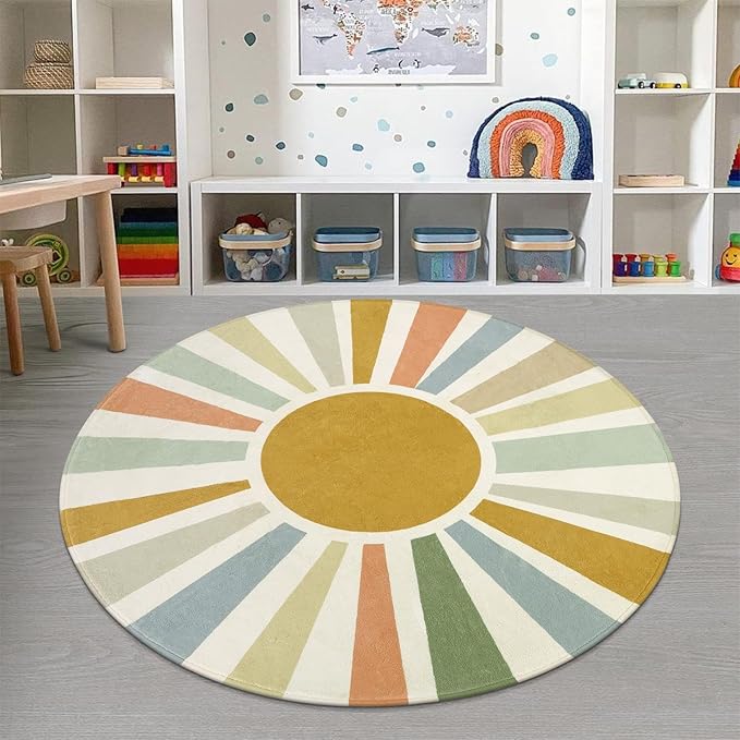 Boho Sun Round Area Rug for Living Room, 6 Ft Washable Nursery Rug for Playroom, Colorful Circle Rug for Kids Bedroom, Non-Slip Circluar Carpet Soft Large Kids Rug for Classroom Dorm Kids Room - LeafyLoom