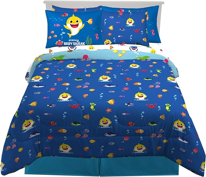 Franco Kids Bedding Super Soft Comforter and Sheet Set with Sham, 7 Piece Full Size, Baby Shark - LeafyLoom