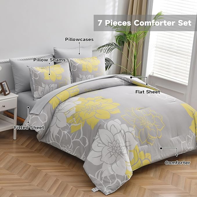 Floral Comforter Set Queen 7 Piece Bed in a Bag Yellow Floral Comforter with Sheet Set Soft Micorfiber Reversible Bedding Set (1 Comforter,2 Pillow Shams,1 Flat Sheet,1 Fitted Sheet,2 Pillowcases) - LeafyLoom