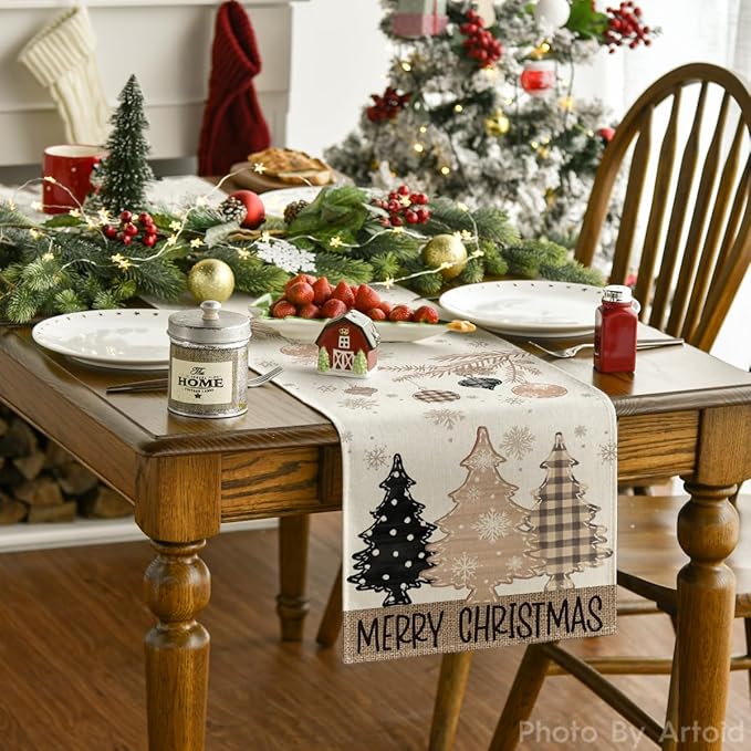 Artoid Mode Brown Pine Trees Snowflake Merry Christmas Table Runner, Winter Xmas Holiday Kitchen Dining Table Decoration for Home Party Decor 13x72 Inch ArtoidMode