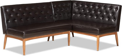 Baxton Studio Riordan Mid-Century Modern Dark Brown Faux Leather Upholstered and Walnut Brown Finished Wood 2-Piece Dining Nook Banquette Set - LeafyLoom