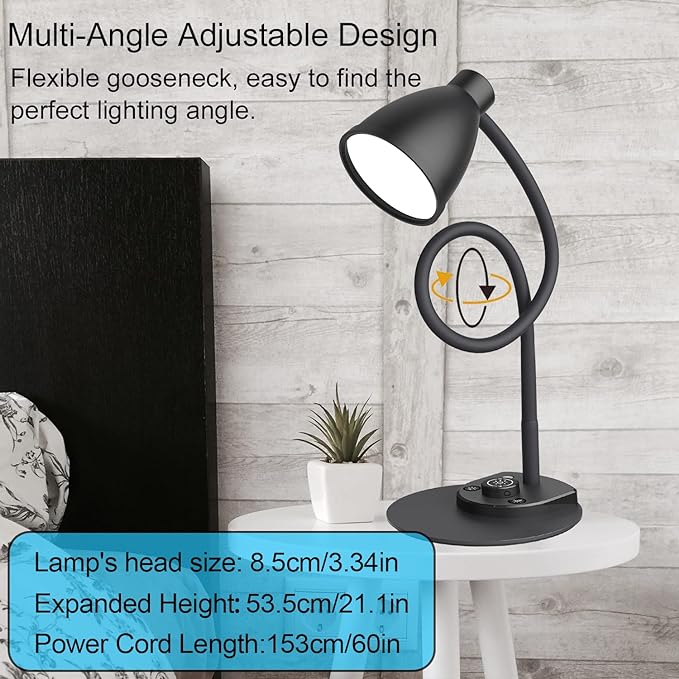 BOHON LED Desk Lamp with USB Charging Port 3 Color Modes Dimmable Reading Light Intelligent Induction Auto Dimming Task Lamp Flexible Gooseneck Table Lamp for Bedside Office, AC Adapter Include - LeafyLoom