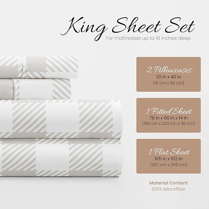 Linen Market 4 Piece King Bedding Sheet Set (Light Gray Plaid) - Sleep Better Than Ever with These Ultra-Soft & Cooling Bed Sheets for Your King Size Bed - Deep Pocket Fits 16" Mattress - LeafyLoom