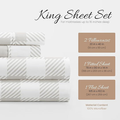 Linen Market 4 Piece King Bedding Sheet Set (Light Gray Plaid) - Sleep Better Than Ever with These Ultra-Soft & Cooling Bed Sheets for Your King Size Bed - Deep Pocket Fits 16" Mattress - LeafyLoom