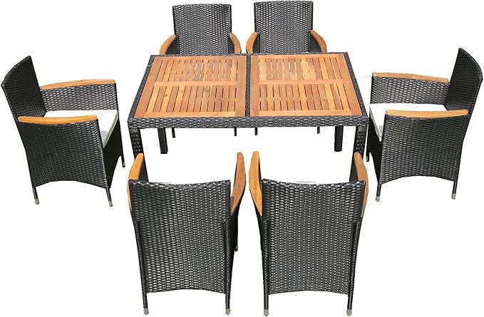 7-Piece Outdoor Dining Table Set with Acacia Wood TableTop and 6 Chairs, Rattan Wicker Patio Furniture for Garden Backyard Poolside, Onesize, Black - LeafyLoom