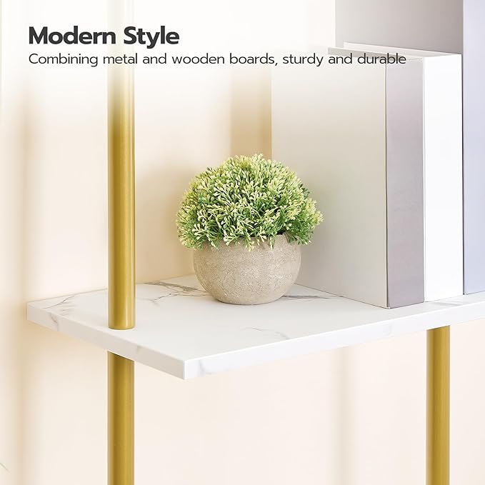 HOOBRO DIY Ladder Shelf, 6-Tier Wooden Wall Mounted Bookshelf, Narrow Gold Bookcase, Display Shelf, Storage Rack, Plant Stand, for Living Room, Bedroom, Study, Balcony, Marble and Gold DM651CJ01 - LeafyLoom