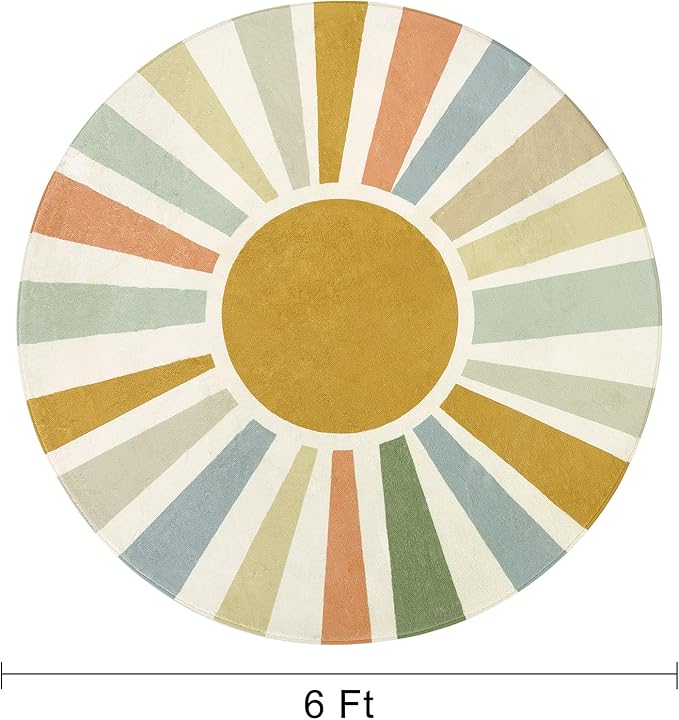 Boho Sun Round Area Rug for Living Room, 6 Ft Washable Nursery Rug for Playroom, Colorful Circle Rug for Kids Bedroom, Non-Slip Circluar Carpet Soft Large Kids Rug for Classroom Dorm Kids Room - LeafyLoom