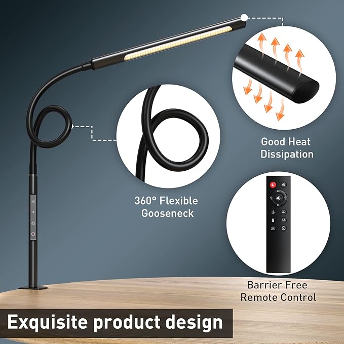 Swing Arm Desk Light with Remote Control, Eye-Caring Gooseneck Desk Lamp, Adjustable Brightness & Color Temperatures, Modern LED Clamp Light with Memory & Timer Function, 12W, Matteblack - LeafyLoom