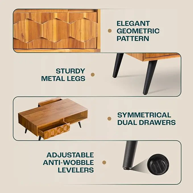 Bme Georgina Solid Wood Coffee Tables & Nightstands with Geometric Details, 2 Drawers - LeafyLoom