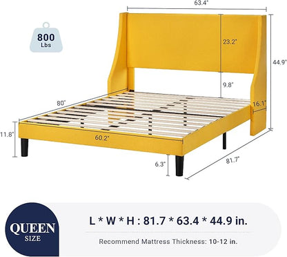 Allewie Queen Bed Frame, Platform Bed Frame Queen Size with Upholstered Headboard, Modern Deluxe Wingback, Wood Slat Support, Mattress Foundation, Light Yellow - LeafyLoom