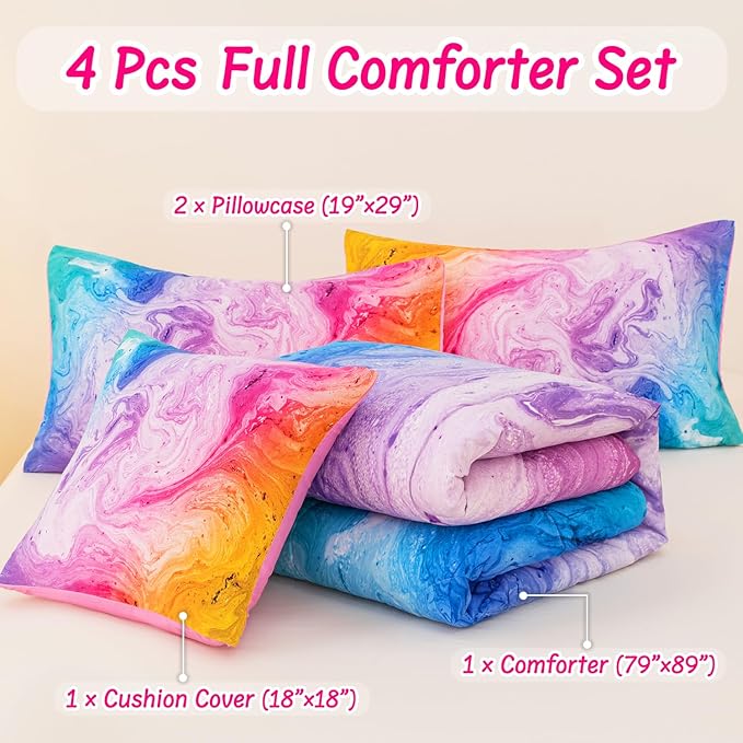 4 Pcs Tie Dye Full Comforter Set for Girls, Watercolor Marble Abstract Art Superior Kids Bedding Sets Full Size, Pink Purple Blue Colorful Teenage Girls Comforter Sets - LeafyLoom