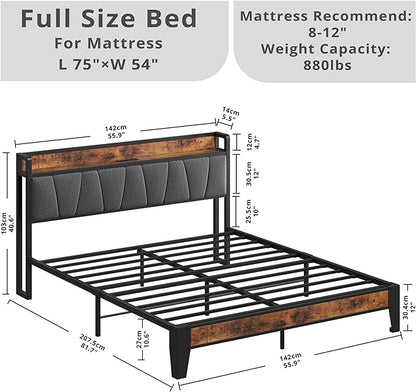 LIKIMIO Full Bed Frame, Storage Headboard with Charging Station, Solid and Stable, Noise Free, No Box Spring Needed, Easy Assembly - LeafyLoom