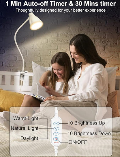 BOHON Clamp Lamp Reading Light 3 Color Modes 10 Brightness Dimmer Bedside Lamp 10W 38 LED Desk Lamp with Auto Off Timer 360° Flexible Gooseneck Clip on Light for Bed, USB Cord Include, White - LeafyLoom