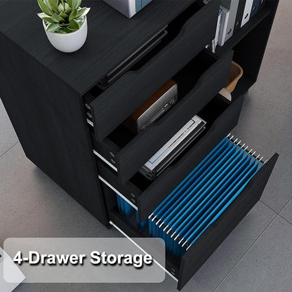 4 Drawers Lateral File Cabinet, Wood Filing Cabinet, Printer Stand with Open Storage Shelves for Home Office, 6 Compartments, Black - LeafyLoom