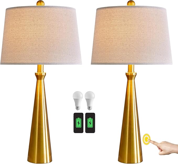 Oneach 25.75" 3-Way Dimmable Touch Control Modern USB Table Lamp Set of 2 for Living Room Bed Room Bedside Nightstand Lamps Fabric Shade Vintage Accent Light Gold Antique Brass - LeafyLoom