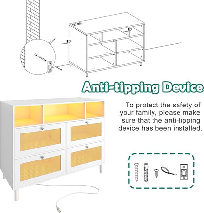 Sideboard Buffet Cabinet, Kitchen Storage Cabinet with Power Outlet & Led Lights, Accent Cabinet with 4 Rattan Doors, White - LeafyLoom