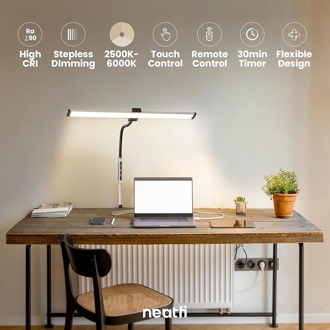 Neatfi Modern Desk Lamp with Clamp, Touch & Remote Controlled, 15W, Adjustable Color Temperature (3000K-6000K), Stepless Dimming, Flicker-Free, Wide-Angle Lighting for Home (Gooseneck, Silver) - LeafyLoom