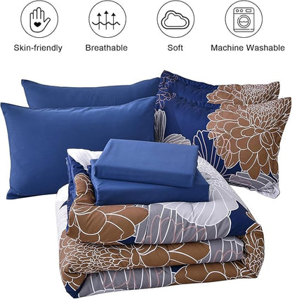 Yiran Navy Brown Comforter Set Queen Bed in a Bag 7 Pieces Floral Soft Microfiber Comforter Bedding Sets Bed Set with Comforter, Sheets, Pillowcases & Shams 90"×90" - LeafyLoom