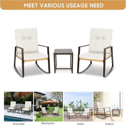 YIYAN 3 Pieces Patio Bistro Set Outdoor Rattan Wicker Rocking Chairs Set,Patio Outdoor Furniture Conversation Sets with Sofa Chairs,Glass Coffee Table and Washable cushion (Light Beige) - LeafyLoom