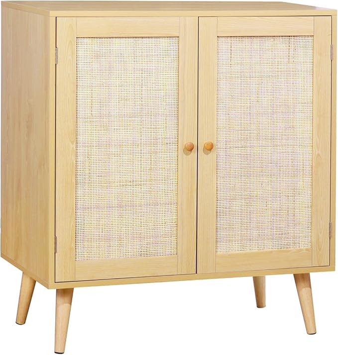 Sideboard Buffet Cabinet with Storage, Kitchen Storage Cabinet with Rattan Doors, Rattan Cabinet with Adjustable Shelves for Hallway, Living Room, 31.5 x 15.7 x 35 Natural, Assemble Easily - LeafyLoom