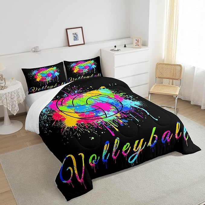 Feelyou Kids Volleyball Comforter Set Twin Size Sports Game Bedding Set for Boys Girls Teens Bedroom Decor Tie Dye Comforter Women Men Volleyball Player Duvet Set with 1 Pillow Case - LeafyLoom