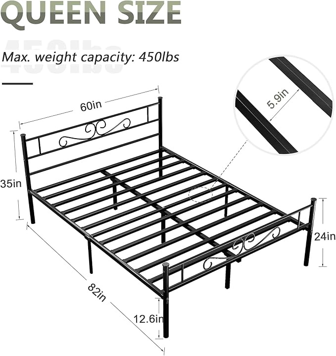 VECELO Queen Size Bed Frame with Headboard, 14 Inch Metal Platform Mattress Foundation, No Box Spring Needed, Squeak Resistant, Easy Assembly, Matte Black - LeafyLoom