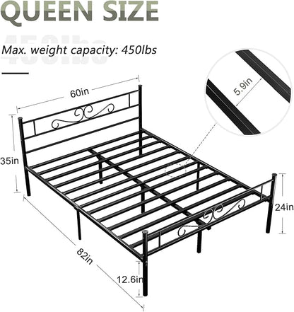 VECELO Queen Size Bed Frame with Headboard, 14 Inch Metal Platform Mattress Foundation, No Box Spring Needed, Squeak Resistant, Easy Assembly, Matte Black - LeafyLoom