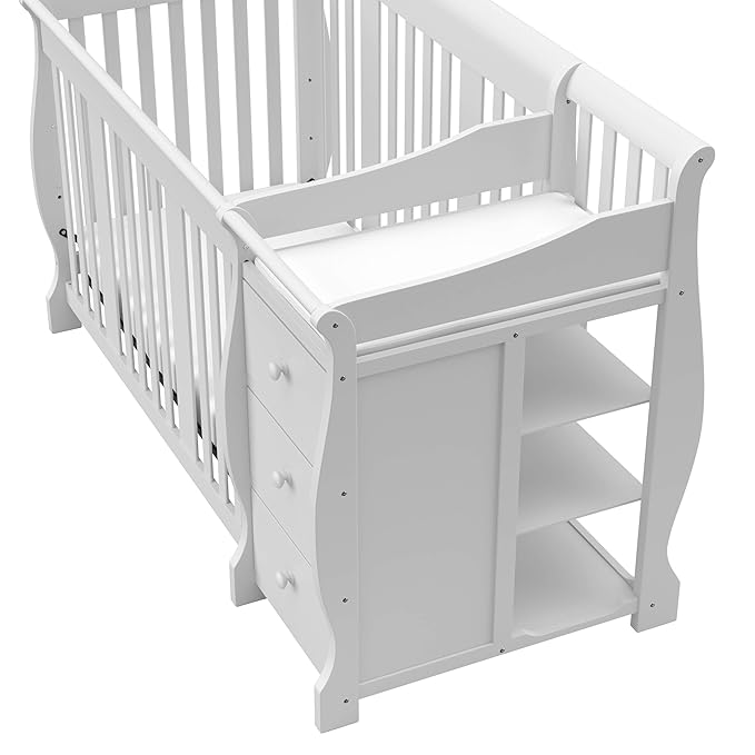 Storkcraft Portofino 5-in-1 Convertible Crib and Changer (White) – Changing-Table Combo with Drawer, Converts to Toddler Bed, Daybed Full-Size Storage Drawer - LeafyLoom