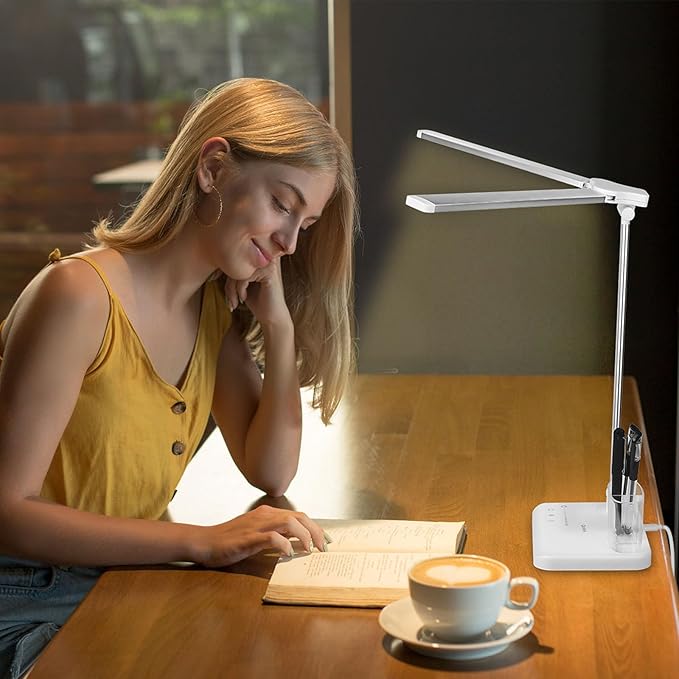 Qooltek LED Desk Lamp for Home Office, Touch Control Table Lamp with 5 Color Modes and Adjustable Brightness,Dual Swing Arm USB Charging Port Foldable Reading Light, Auto Timer, Silver White, 5W - LeafyLoom