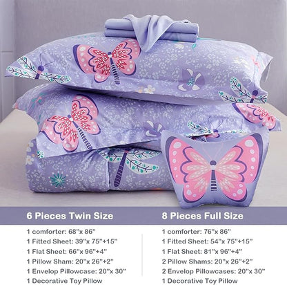 Mooreeke Bed in a Bag for Kids Girls Teens, 8 Pieces Full Size Comforter Bed Set with Shams, Sheet Set and Decorative Toy Pillow, Butterfly Purple Super Soft Microfiber Kids Comforter Bedding Set - LeafyLoom