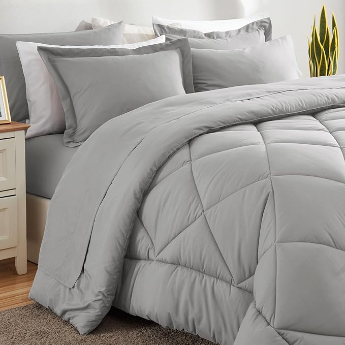 CozyLux Queen Bed in a Bag 7-Pieces Comforter Set with Sheets Light Grey All Season Bedding Sets with Comforter, Pillow Shams, Flat Sheet, Fitted Sheet and Pillowcases - LeafyLoom