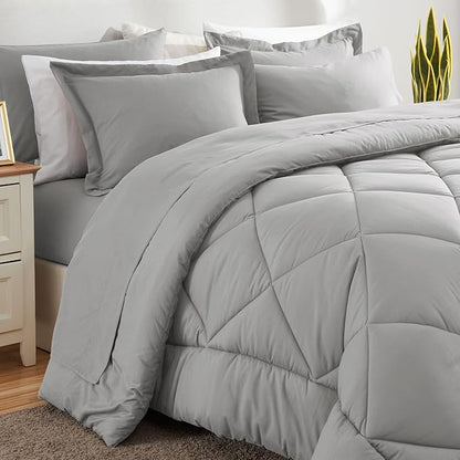 CozyLux Queen Bed in a Bag 7-Pieces Comforter Set with Sheets Light Grey All Season Bedding Sets with Comforter, Pillow Shams, Flat Sheet, Fitted Sheet and Pillowcases - LeafyLoom