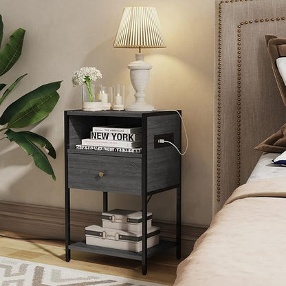 LDTTCUK Nightstand with Charging Station, Modern End Table with Drawer, Bedside Table with Open Storage for Bedroom, Grey - LeafyLoom