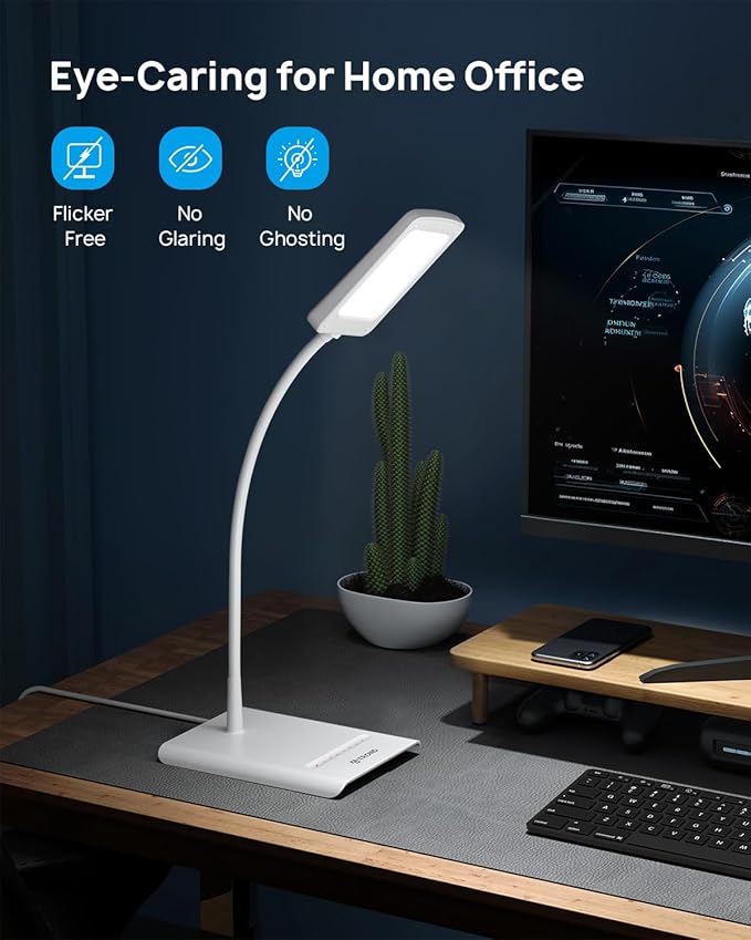 TROND LED Desk Lamp for Home Office, 3 Color Modes 7 Brightness, Dimmable Table Lamp, Eye Caring Reading Light, Gooseneck, Touch Control, 900LM Bright Desk Light for Study Task Dorm Room Essentials - LeafyLoom