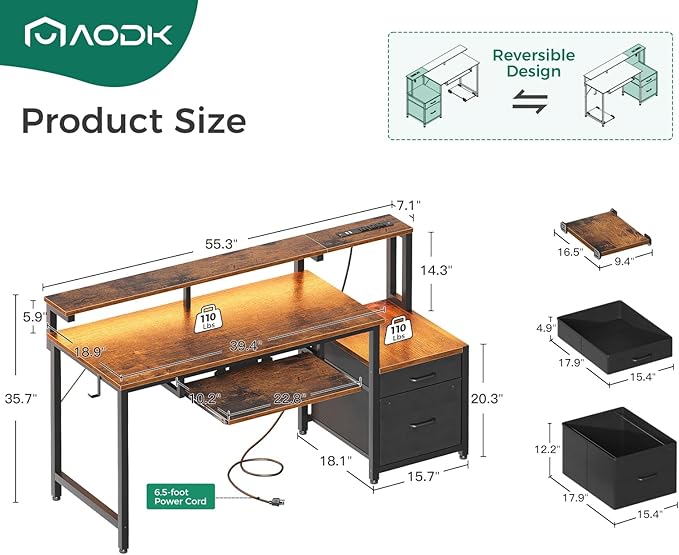 AODK 55 Inch Computer Desk with Power Outlets and LED Light, Reversible Office Desk with File Cabinet & Drawer, Gaming Desk with Keyboard Tray and Full Monitor Riser and PC Stand, Study Table, Vintage - LeafyLoom