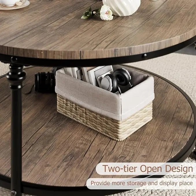 GAOMON Round Coffee Table Living Room 34.25in Rustic Circle Center Table with Storage Shelf 2-Tier Modern Wood Coffee Table Metal Frame, Easy Assembly(Light Walnut) - LeafyLoom