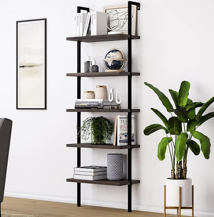 Nathan James Theo 5-Shelf Wood Modern Bookcase, Open Wall Mount Ladder Bookshelf with Industrial Metal Frame, Dark Brown Nutmeg/Black - LeafyLoom