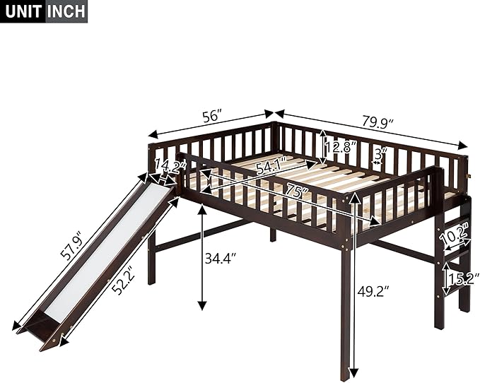 Merax Kids Wood Full Low Loft Bed with Ladder and Slide, Junior Loft Bunk Bed for Boys, Girls,No Box Spring Needed, Espresso - LeafyLoom