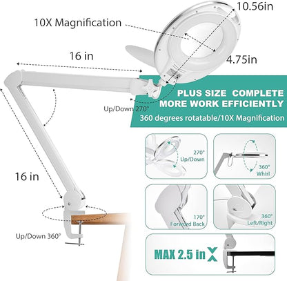 Large 10X Magnifying Glass with Light, 4.75 in Real Glass Stand Lighted Magnifier with Clamp, 2 in 1 Desk Lamp with 36 Color and Brightness Modes, Hands Free for Close Work, Crafts, Hobbies - LeafyLoom