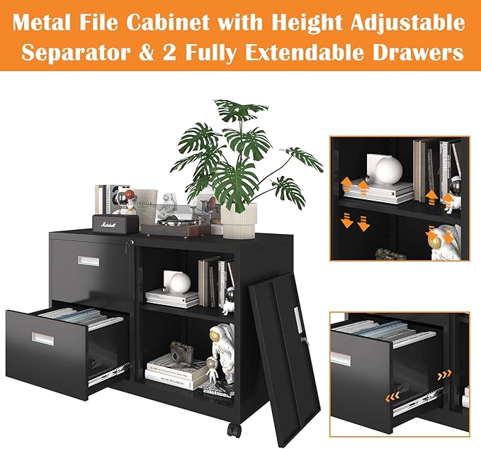 Metal File Cabinet Printer Stand with 2 lockable full extension drawers and 1 lockable door, adjustable shelf, for Home office and Study room Organizer Letters/Legal/A4,BLACK - LeafyLoom