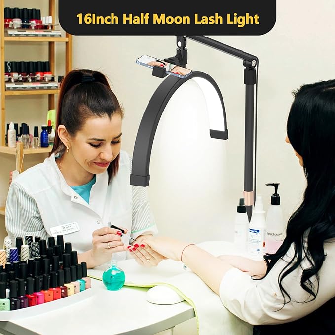 Yofuly Half Moon Light for Lashes, LED Nail Desk Lamp, Esthetician Light for Tattoo Artists, Nail Tech, Eyelash Lamp with Phone Holder, 10 Brightness Adjustable (Black) - LeafyLoom