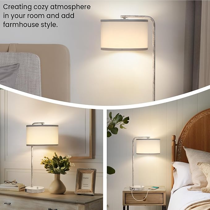 Table Lamp with Dual USB Charging Ports, Fully Dimmable Farmhouse Bedside Lamp, USB Nightstand Lamp with Brushed White Oak, Tall Reading Desk Lamp for Living Room, Bedroom, Office, LED Bulb Included - LeafyLoom