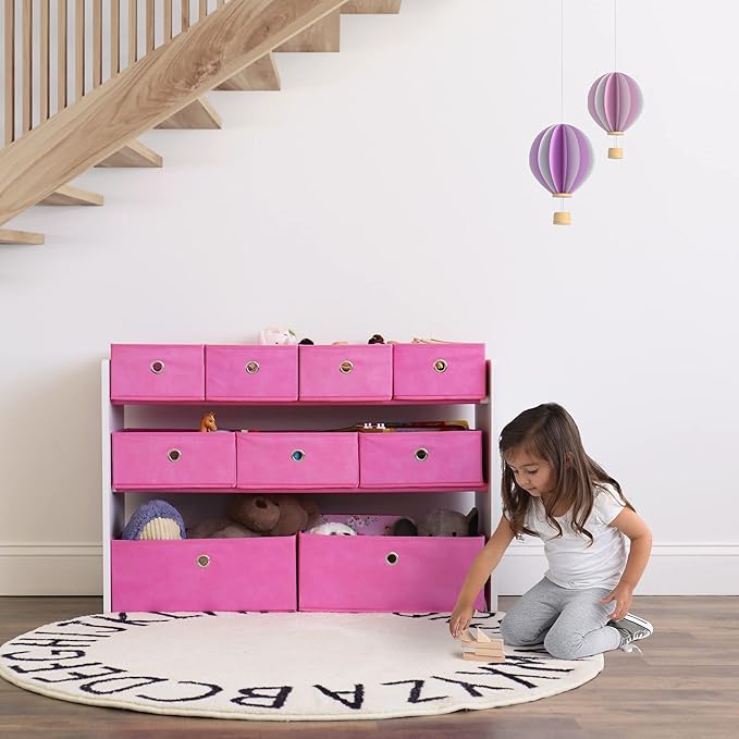 Humble Crew Kids Toy Organizer with 9 Collapsible Fabric Storage, White Wood and Pink Bins - LeafyLoom