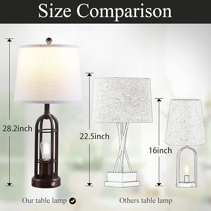 28.2" Table Lamps for Living Room Set of 2, Farmhouse Lamps for Bedroom, 3-Way Dimmable with Dual USB Ports, Touch Bedside Lamps for Nightstand, Bulbs Included - LeafyLoom