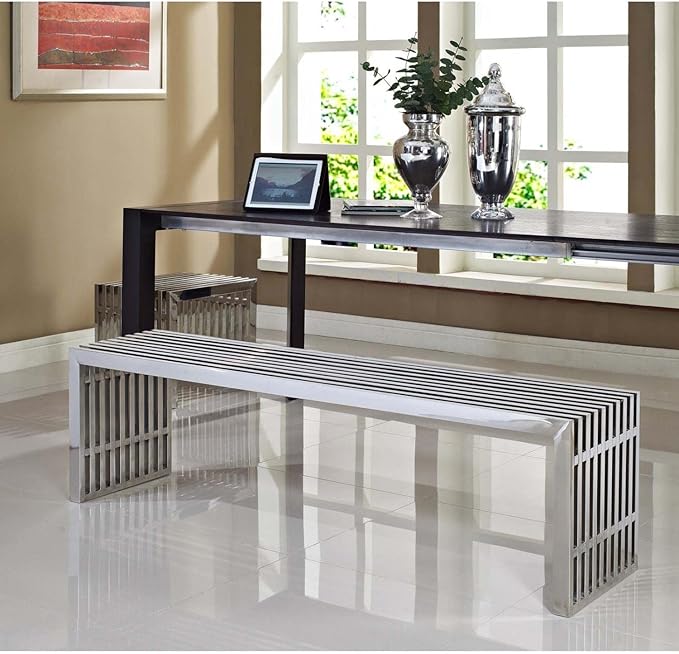 Modway Gridiron Stainless Steel Large and Small 2-Piece Bench Set - LeafyLoom