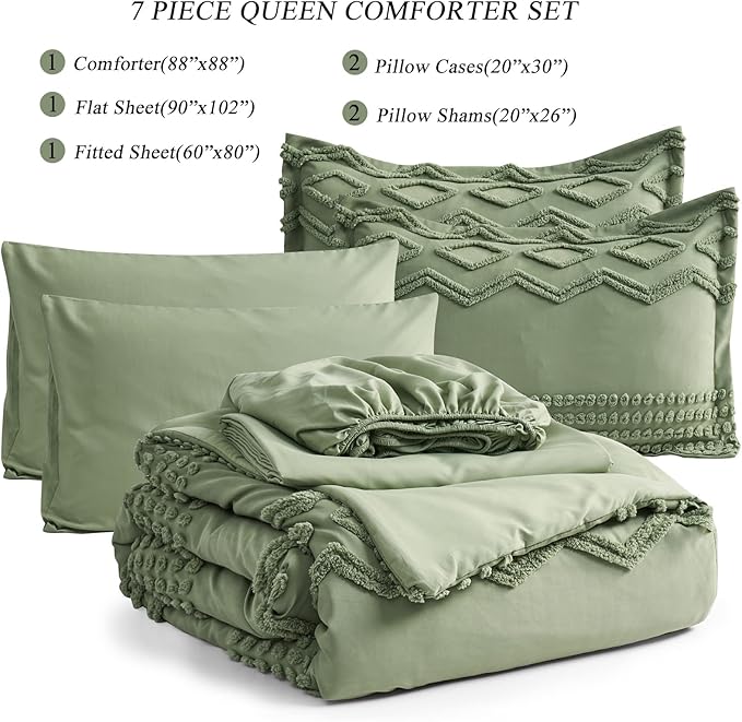 Sage Green Tufted Comforter Set Queen Size 7 Piece Bed in a Bag, Shabby Chic Boho Comforter and Sheet Set, Pom Pom Textured Bed Set, All Season Soft Microfiber Complete Bedding Set(Green,Queen) - LeafyLoom