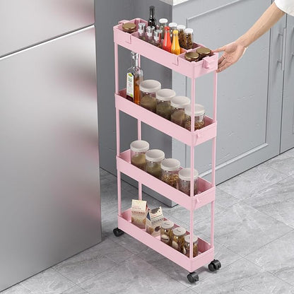 SPACELEAD Slim Storage Cart 4 Tier,Bathroom Storage Organizer Rolling Utility Cart, Mobile Shelving Unit Slide Out Storage Cart for Office, Bathroom, Kitchen, Laundry Room & Narrow Places， Pink - LeafyLoom