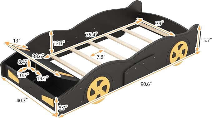 Twin Size Car Bed with Storage Space,Race Car-Shaped Platform Wooden Bedframe W/Wheels,No Box Spring Required,for Boys Toddlers Kids Child's Bedroom,Black+Yellow - LeafyLoom